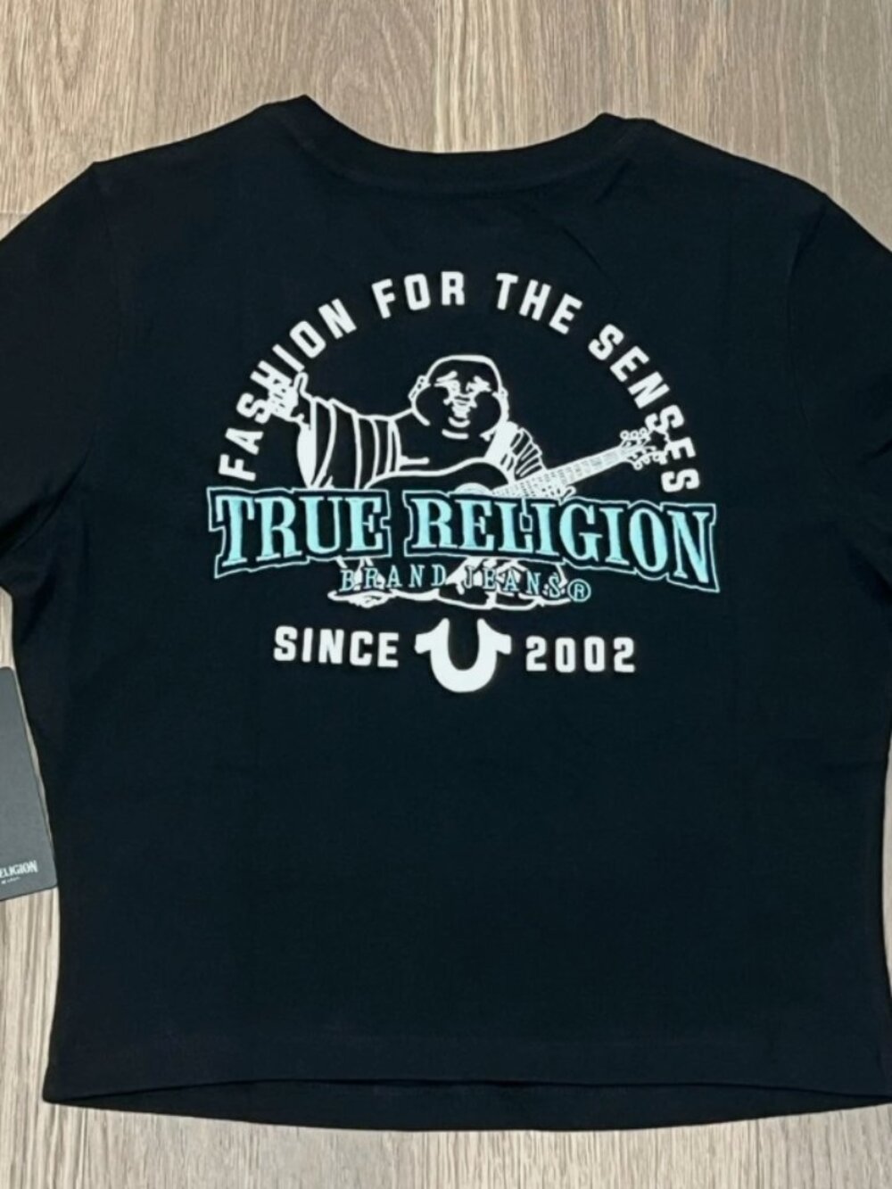 M Womens TRUE RELIGION Black Crop Top Shirt Buddha Relax Shrunken Tee 2-Sided